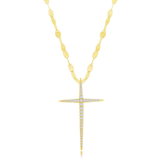 Sterling Silver CZ Cross Mirror Chain Necklace - Gold Plated