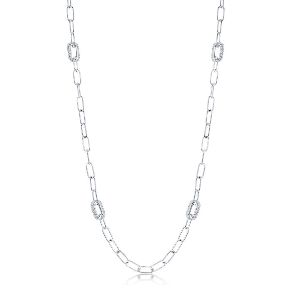 Sterling Silver Polished & Micro Pave CZ Paperclip Necklace