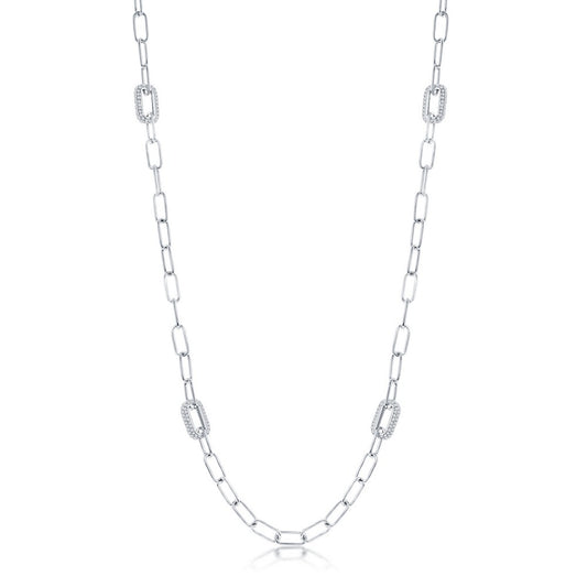 Sterling Silver Polished & Micro Pave CZ Paperclip Necklace