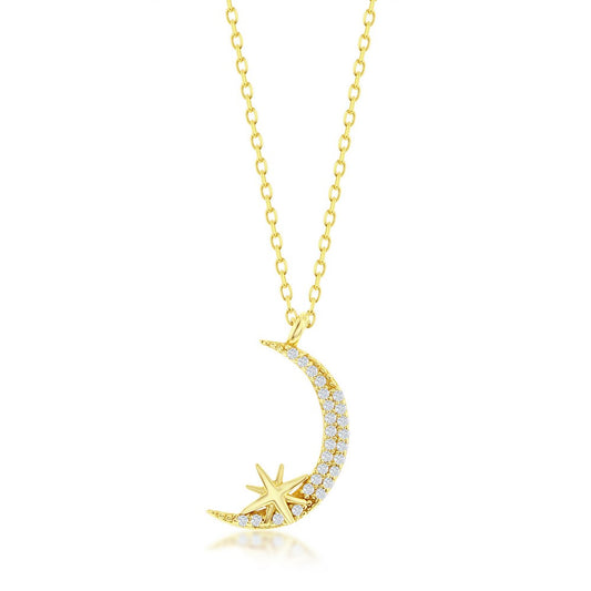 Sterling Silver Crescent Moon & Star CZ Necklace - Gold Plated