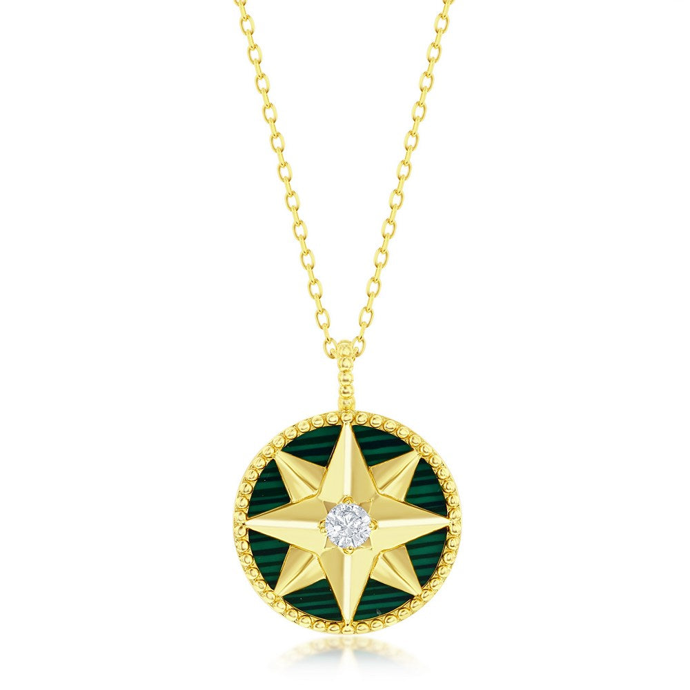 Sterling Silver Round Simulated Malachite North Star, CZ Necklace - Gold Plated