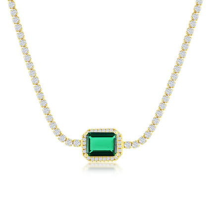 Sterling Silver Asscher-Cut Emerald & CZ Tennis Choker - Gold Plated