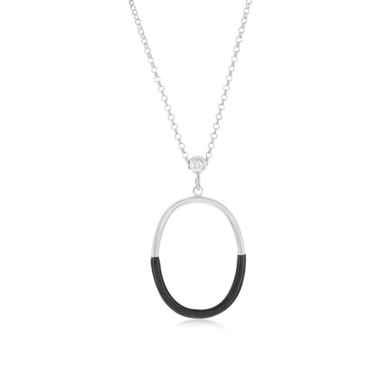 Sterling Silver, Black Enamel Oval Necklace