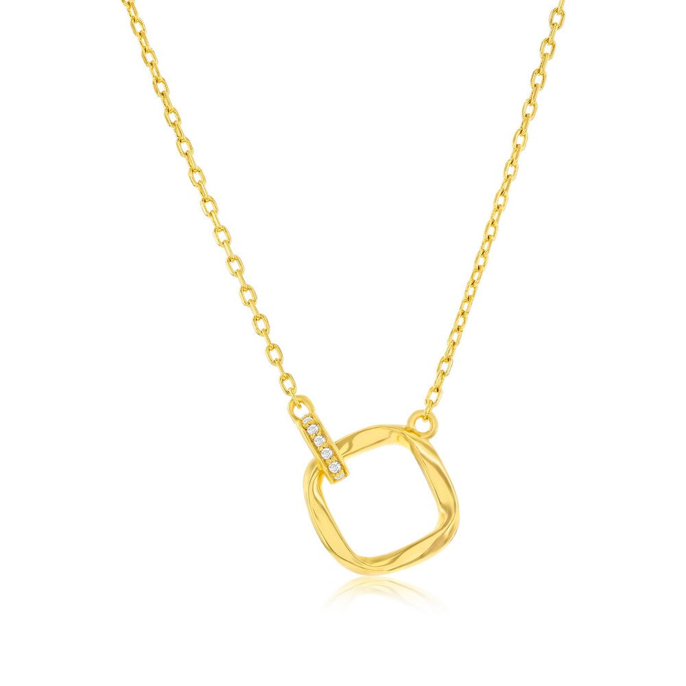 Sterling Silver Twisted Square & Oval Micro Pave CZ Necklace - Gold Plated