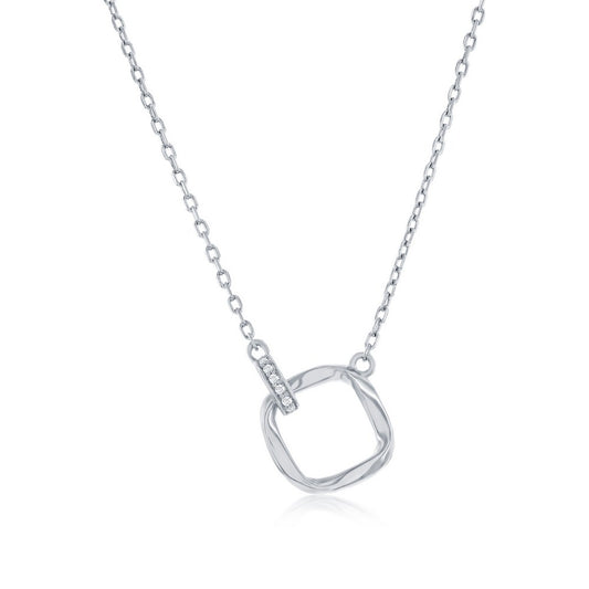 Sterling Silver Twisted Square & Oval Micro Pave CZ Necklace