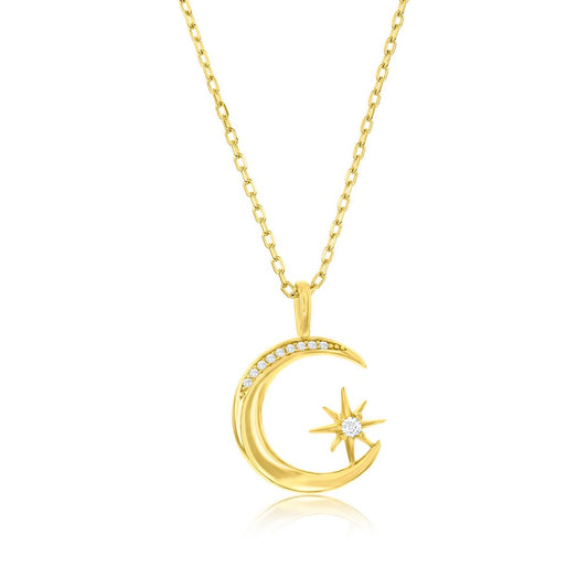 Sterling Silver Crescent Moon & North Star CZ Necklace - Gold Plated
