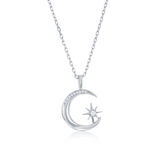 Sterling Silver Crescent Moon & North Star CZ Necklace