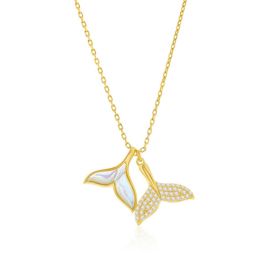 Sterling Silver, MOP & CZ, Double Whale Tail Necklace - Gold Plated