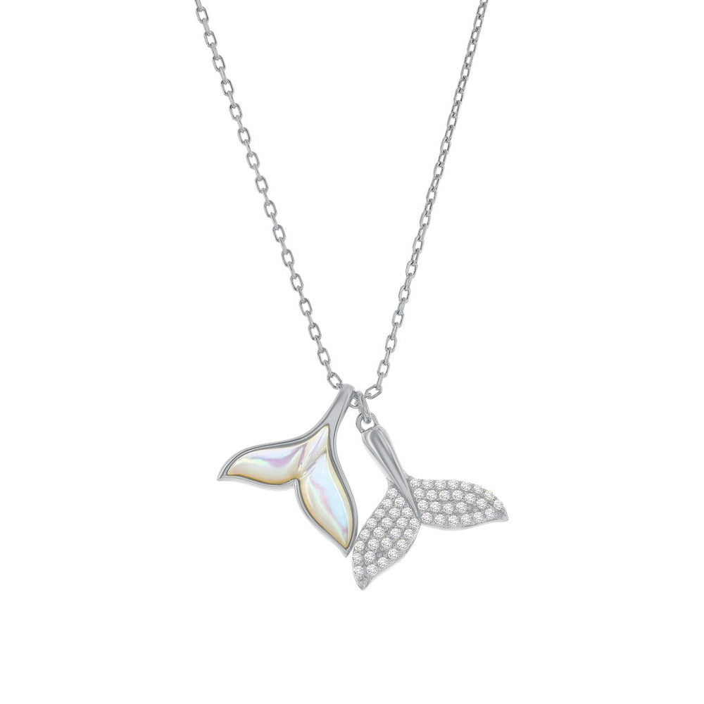Sterling Silver, MOP & CZ, Double Whale Tail Necklace