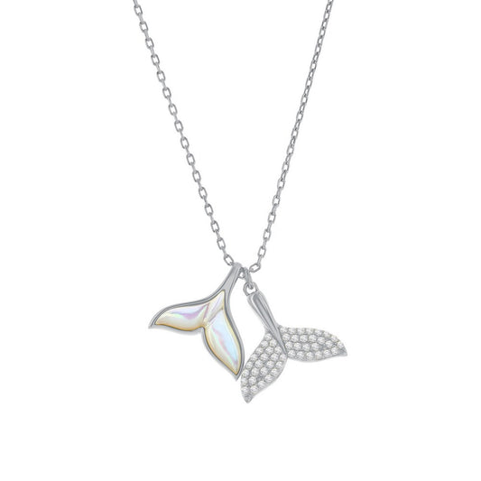Sterling Silver, MOP & CZ, Double Whale Tail Necklace