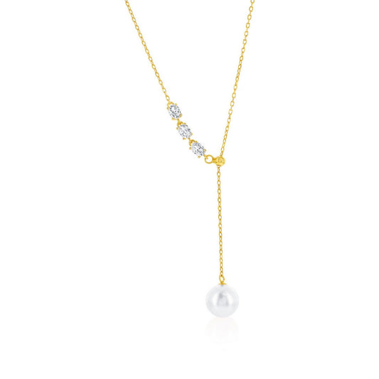 Sterling Silver 8mm Pearl, Triple Oval CZ Lariat Necklace - Gold Plated
