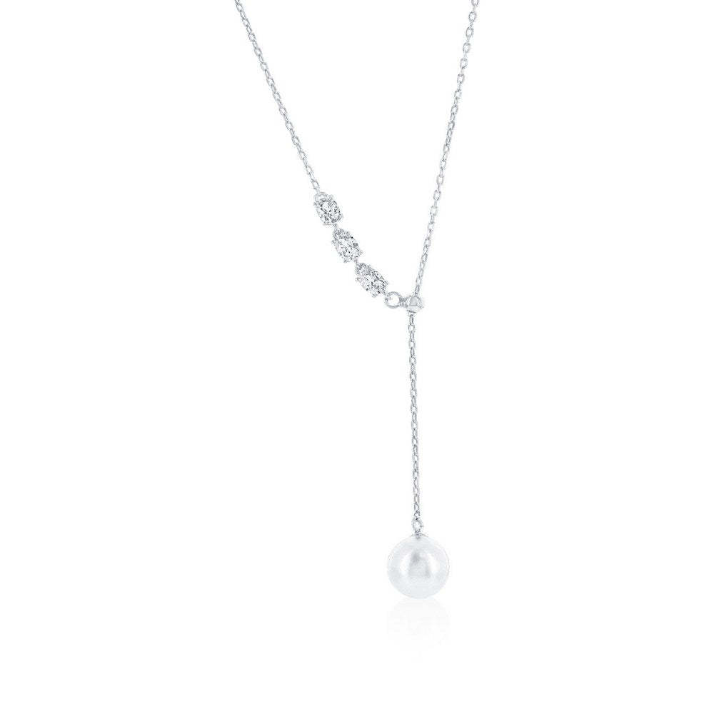 Sterling Silver 8mm Pearl, Triple Oval CZ Lariat Necklace