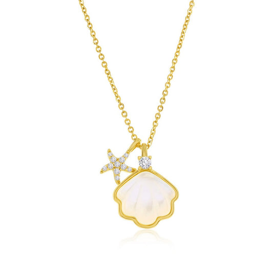 Sterling Silver MOP Seashell & CZ Starfish Necklace - Gold Plated
