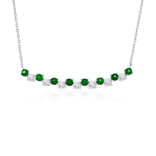 Sterling Silver Round CZ Curved Bar Necklace - Emerald