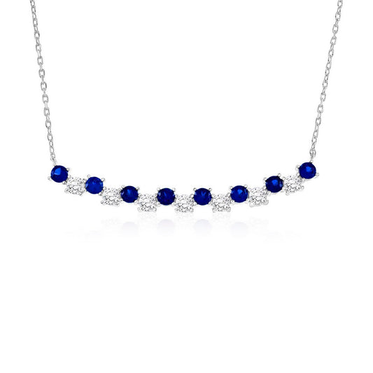 Sterling Silver Round CZ Curved Bar Necklace - Sapphire