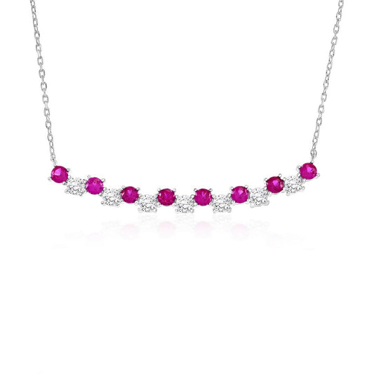 Sterling Silver Round CZ Curved Bar Necklace - Ruby