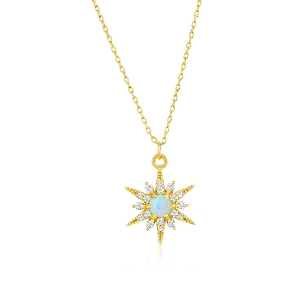 Sterling Silver White Opal Sunburst CZ Necklace - Gold Plated