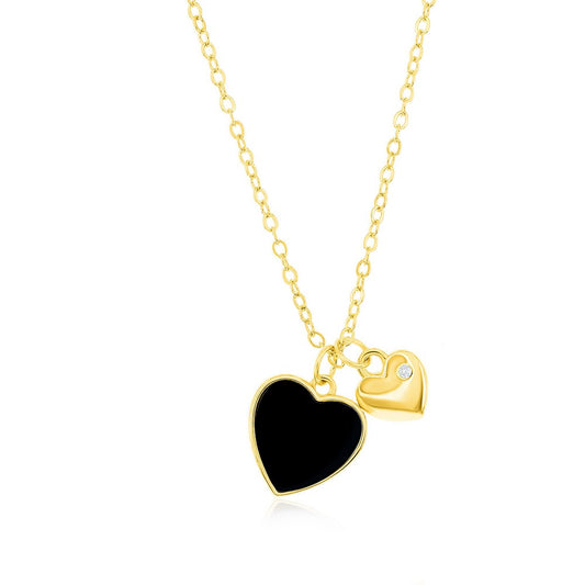 Sterling Silver Onyx & Heart CZ Necklace - Gold Plated
