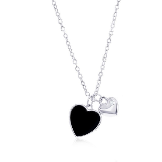 Sterling Silver Onyx & Heart CZ Necklace