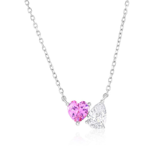 Sterling Silver Heart & Pearshaped CZ Necklace -  Pink