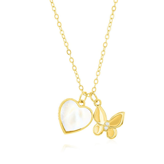 Sterling Silver MOP Heart w/ CZ Butterfly Necklace - Gold Plated