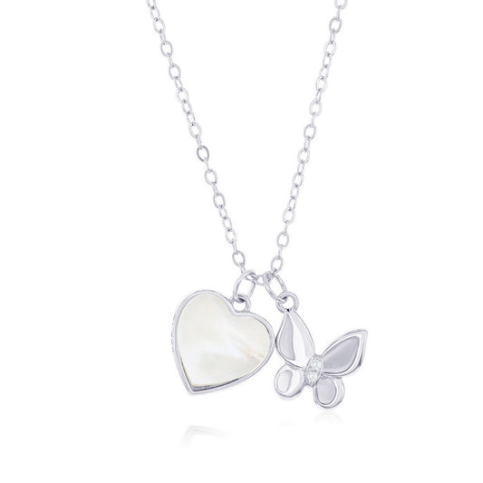 Sterling Silver MOP Heart w/ CZ Butterfly Necklace