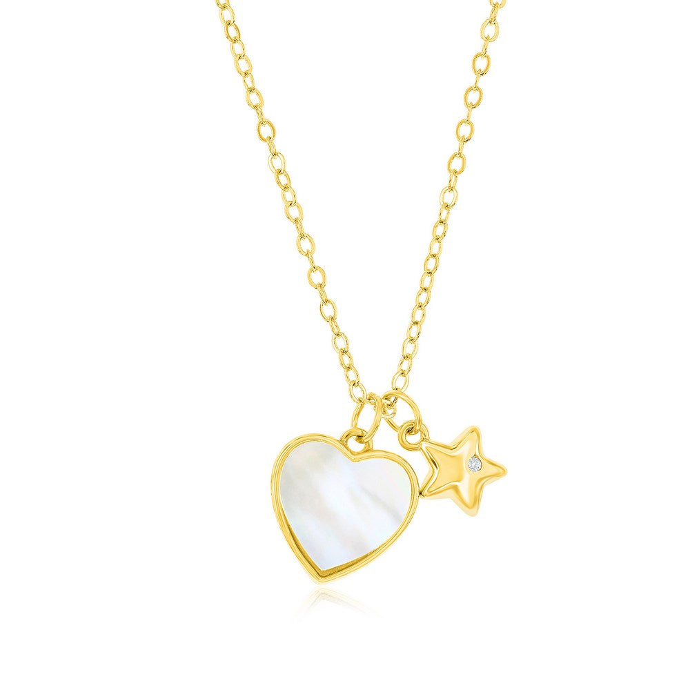 Sterling Silver MOP Heart & Star CZ Necklace - Gold Plated