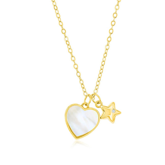 Sterling Silver MOP Heart & Star CZ Necklace - Gold Plated