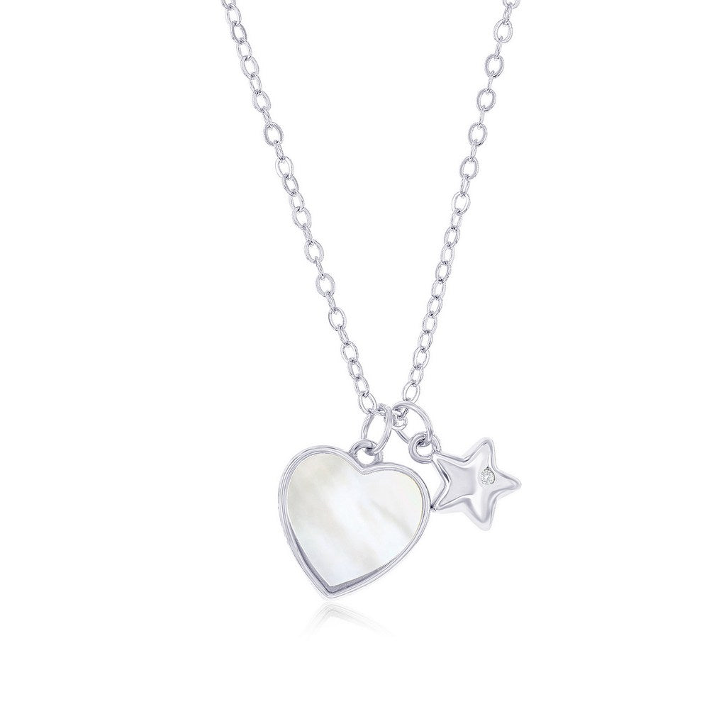 Sterling Silver MOP Heart & Star CZ Necklace