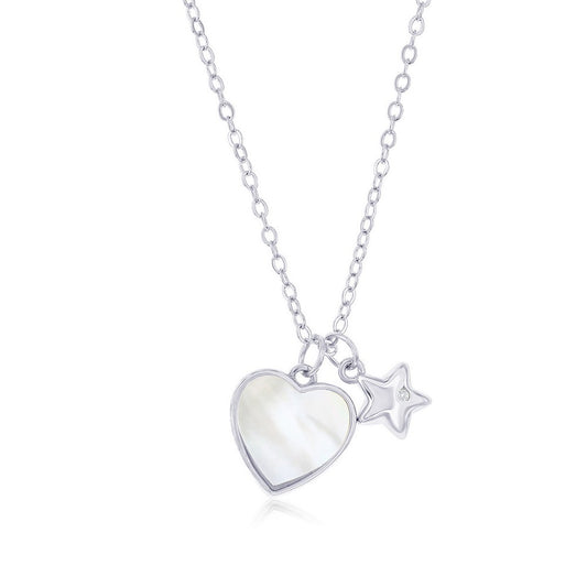 Sterling Silver MOP Heart & Star CZ Necklace
