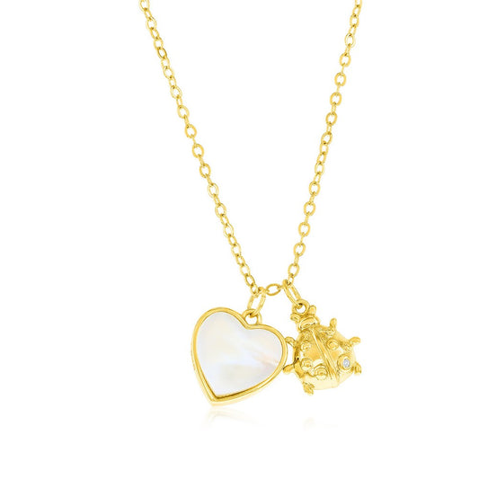 Sterling Silver MOP Heart & Ladybug CZ Necklace - Gold Plated