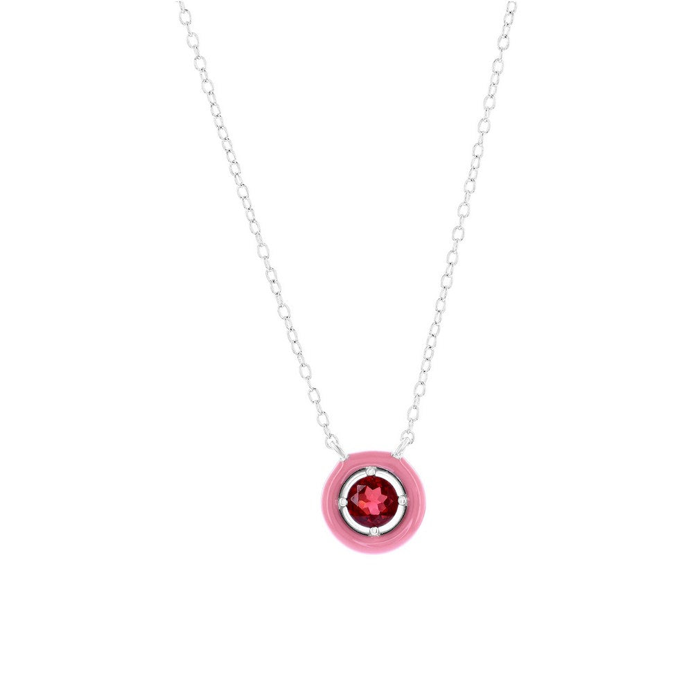 Sterling Silver Enamel & Gemstone Halo Necklace - Garnet