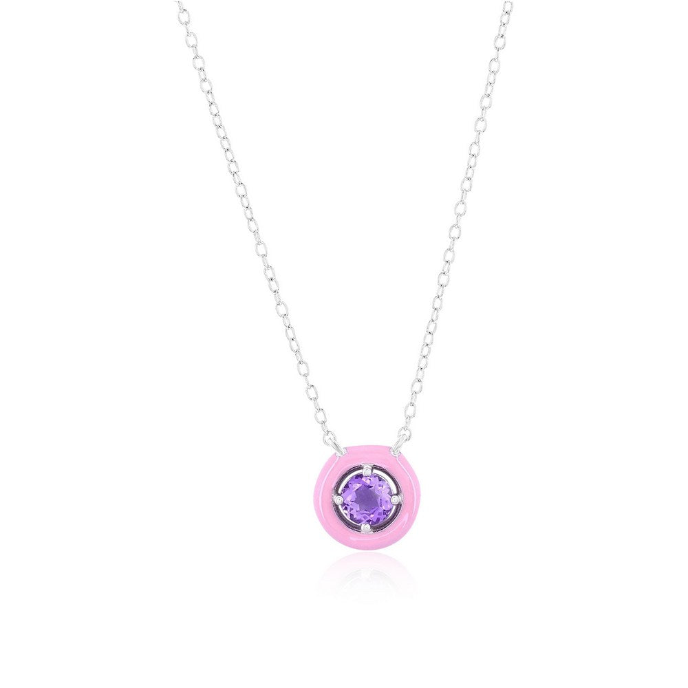 Sterling Silver Enamel & Gemstone Halo Necklace - Amethyst