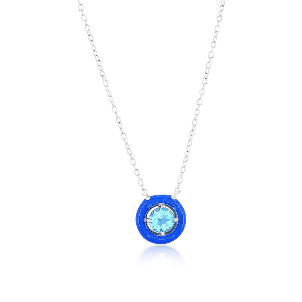 Sterling Silver Enamel & Gemstone Halo Necklace - Swiss Blue Topaz