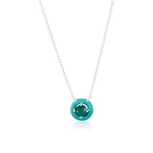 Sterling Silver Enamel & Gemstone Halo Necklace - Green Agate