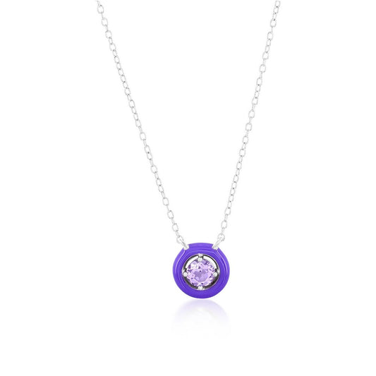 Sterling Silver Enamel & Gemstone Halo Necklace - Light Amethyst