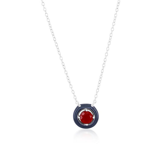 Sterling Silver Enamel & Gemstone Halo Necklace - Red Agate