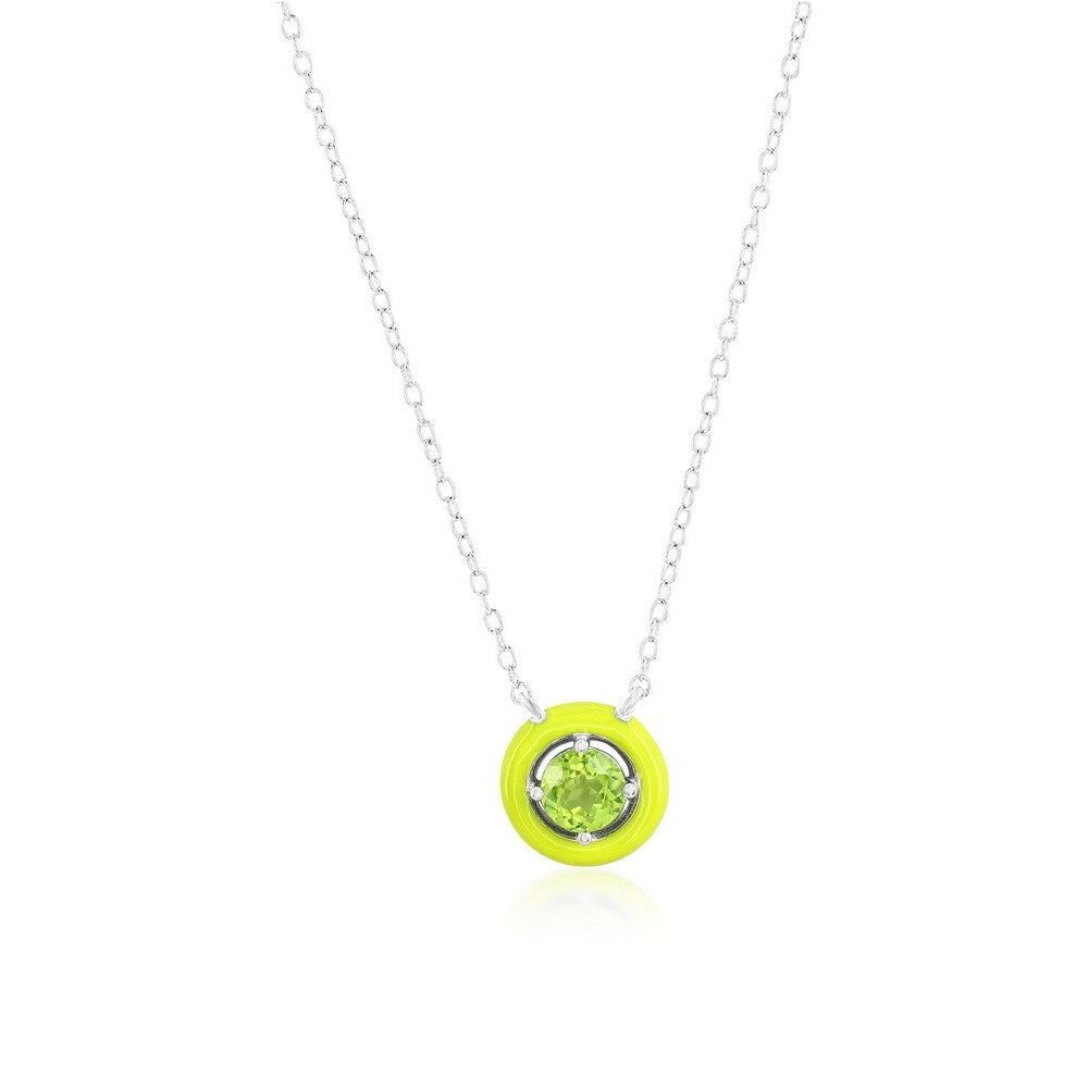 Sterling Silver Enamel & Gemstone Halo Necklace - Peridot