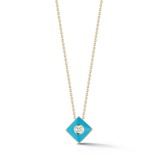 Turquoise Enamel with One Diamond Bezel Necklace