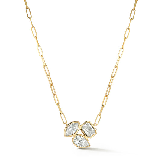 3 Bezel Multi Shape Diamonds with Paperclip Chain Necklace