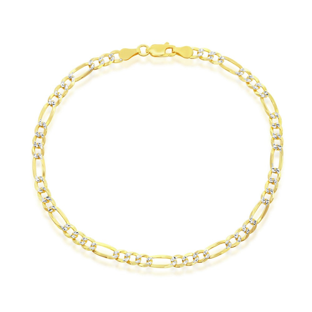 Sterling Silver 4mm Pave Figaro Bracelet - Gold Plated