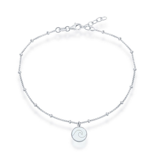 Sterling Silver Beaded Anklet with Wave Disc