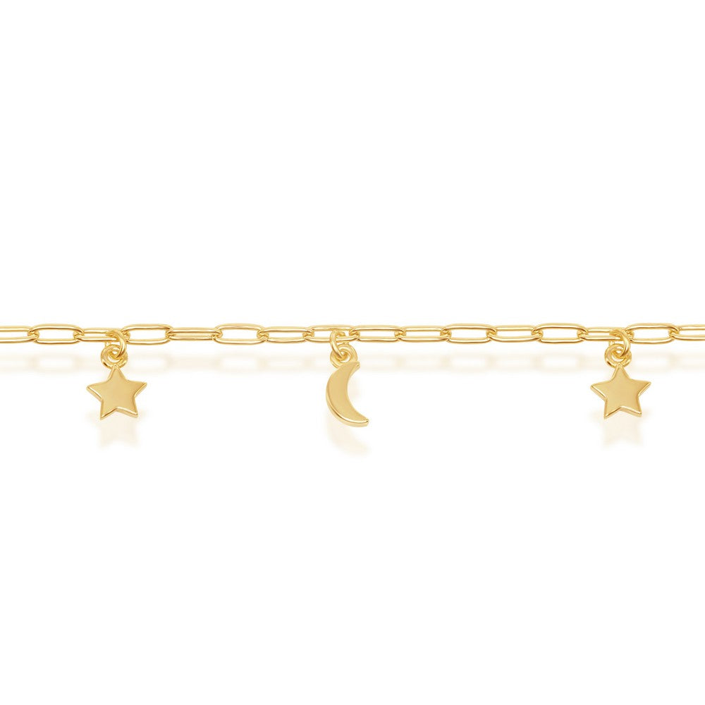 Sterling Silver Moon & Star Charms Paperclip Anklet - Gold Plated