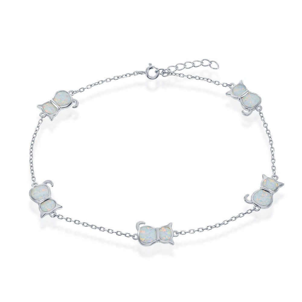 Sterling Silver Opal Cat Anklet - White Opal