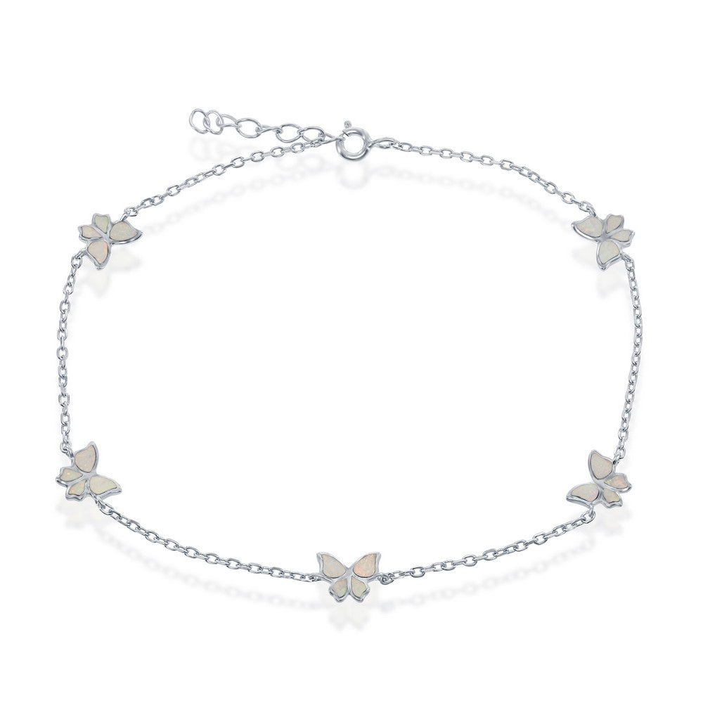 Sterling Silver Butterfly Anklet - White Opal