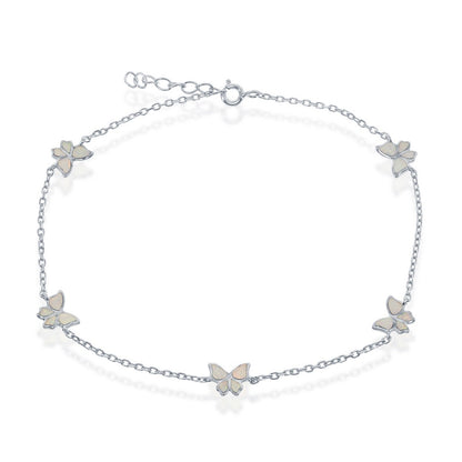 Sterling Silver Butterfly Anklet - White Opal