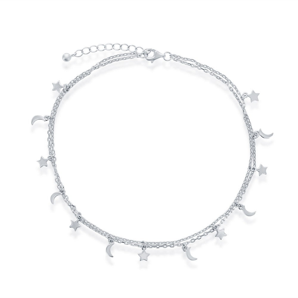 Sterling Silver Moon and Star Double Strand Anklet