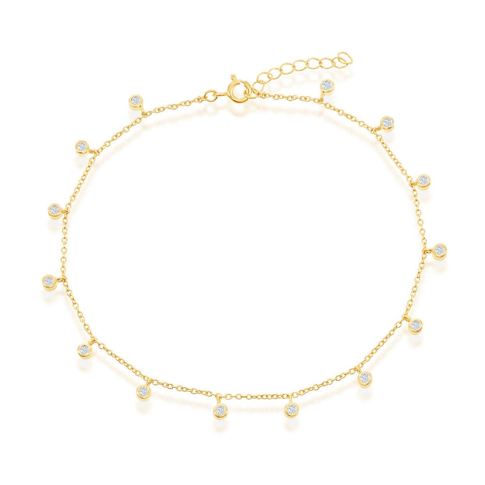 Sterling Silver Bezel-Set CZ Charms Anklet - Gold Plated