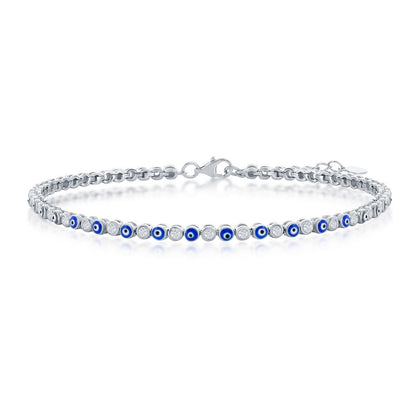 Sterling Silver Alternating Evil Eye and CZ Tennis Anklet