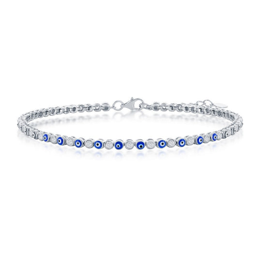 Sterling Silver Alternating Evil Eye and CZ Tennis Anklet